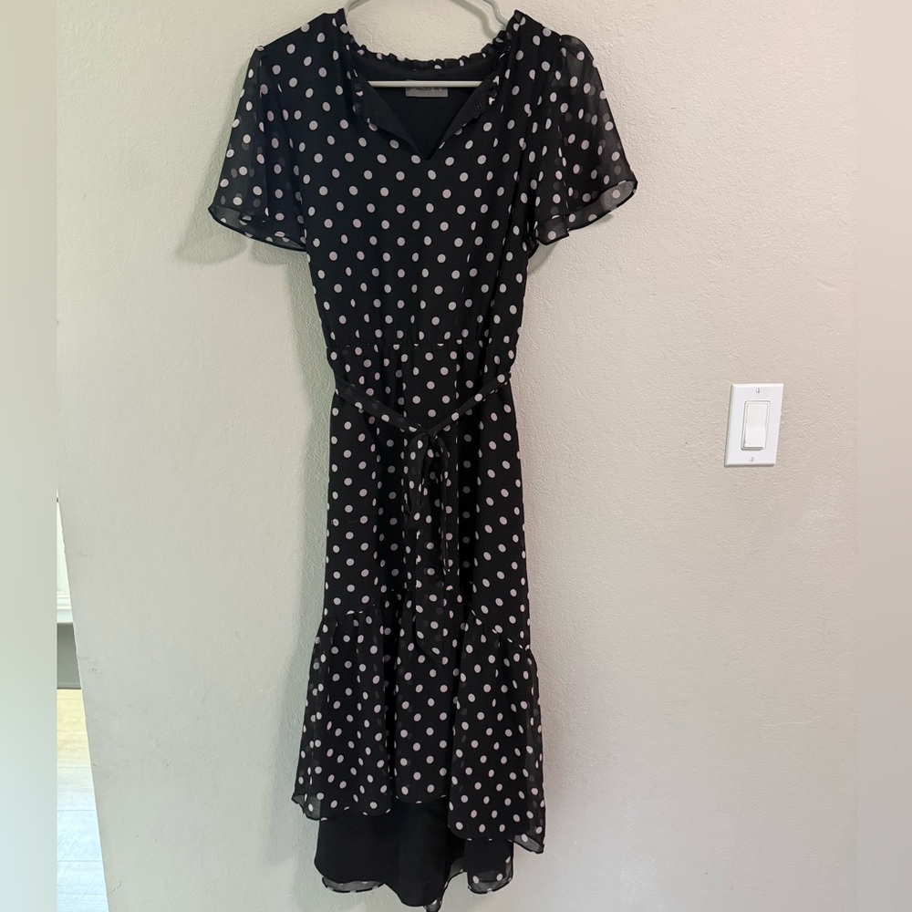 Jacqui E Black Polka Dot Midi Dress – Size 12